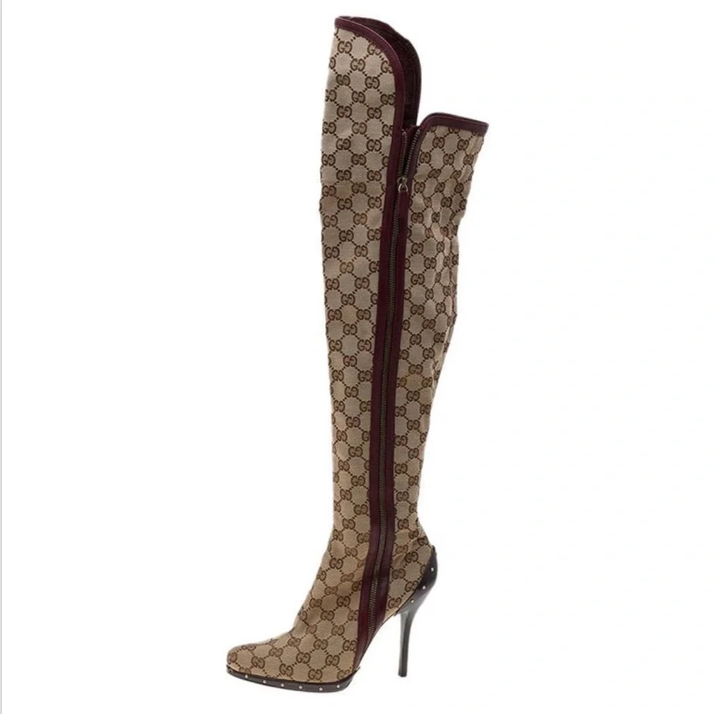 GUCCI GG Canvas TOM FORD โค๏ธ๐ Boots Size 9 **ICONIC OTK Monogram Stiletto Heels - Picture 2 of 15